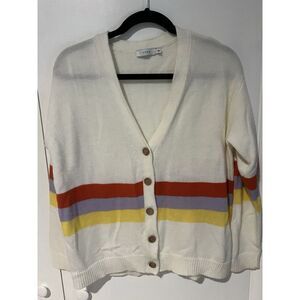 LUSH Ivory Red Purple Yellow Striped‎ Sweater Cardigan Size Small Knit Button